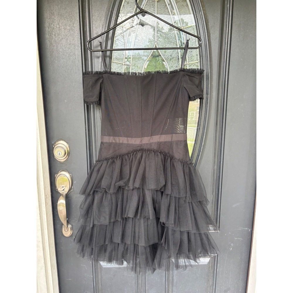 Betsy & Adam Black Tulle Off-The-Shoulder Tiered Corset Mini Dress NEW‎ Size 8